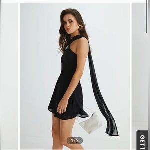 SOLD Commense Asymmetrical Cutaway Shoulder Short Dress w/ Drape Scarf Black XS